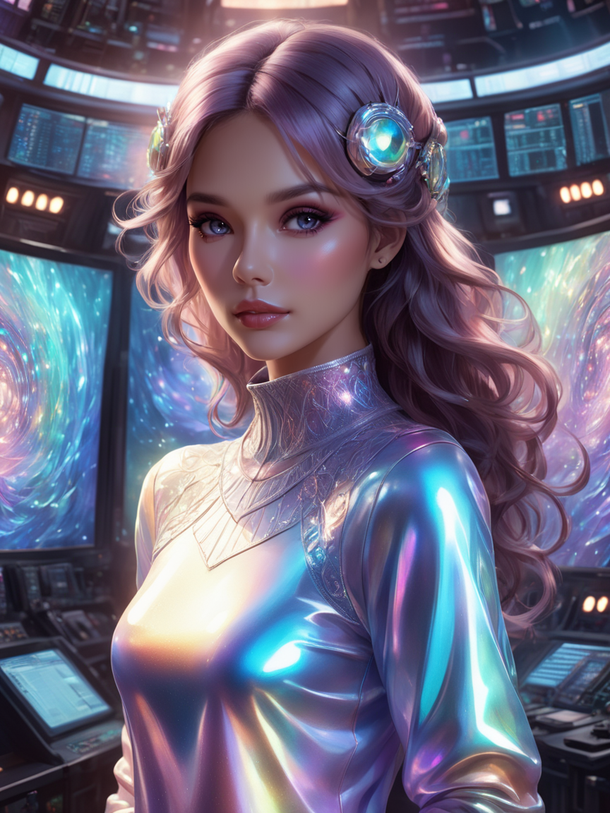 Dreamscape beautiful woman wearing an iridescent Sweater, Mining control room, Marching, <lora:xl_iridescent_clothing-1.0:0.8> . Surreal, ethereal, dreamy, mysterious, fantasy, highly detailed
