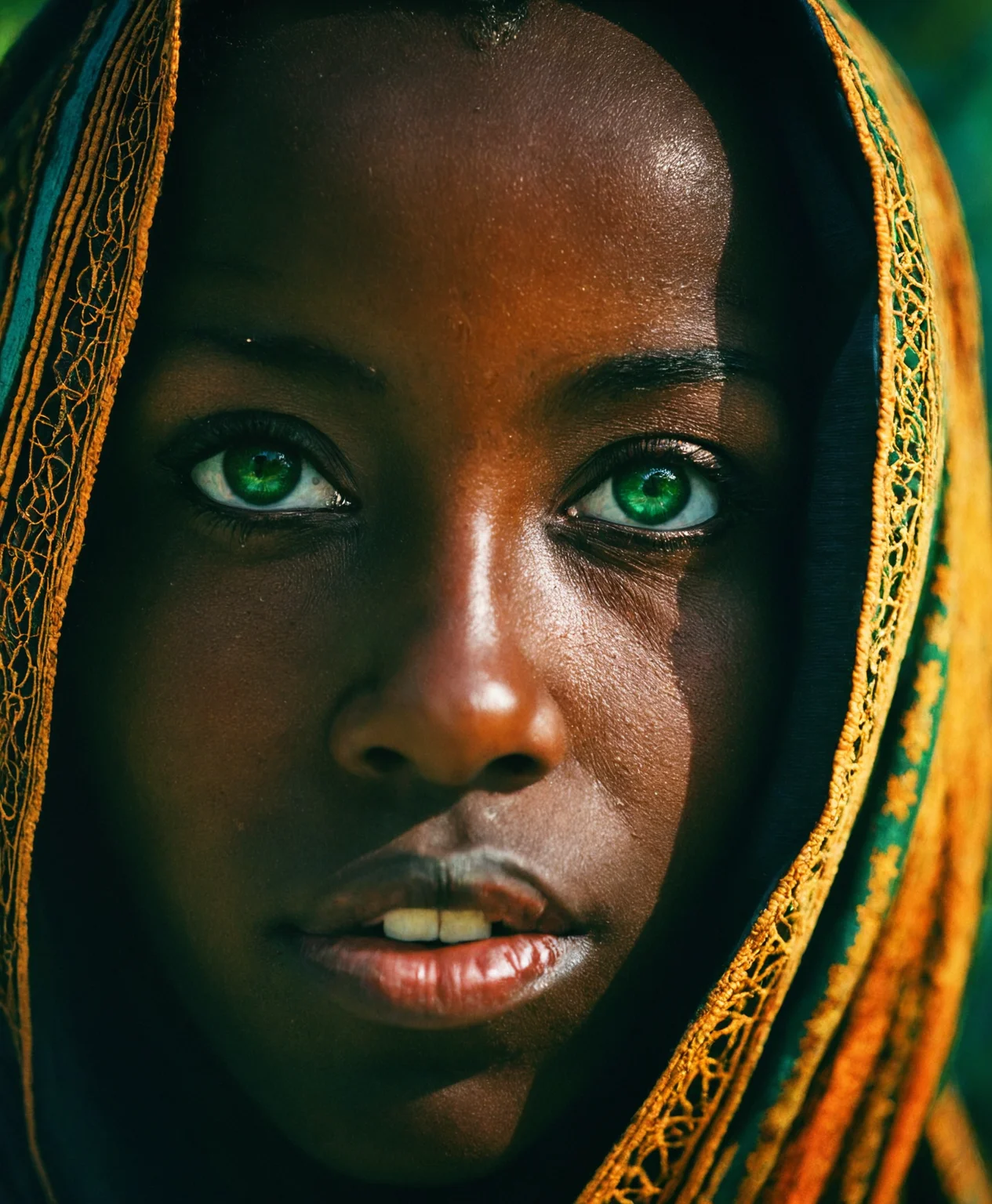 Photography in (stvmccrr style), a young Somali woman with striking green eyes, cultural portrait, emotive humane photography, rich colors, analog film, film grain, kodachrome, intricate details, insanely detailed, natural lighting, 8k, hdr, masterpiece, award winning photography, Fine art photography style, film photography style