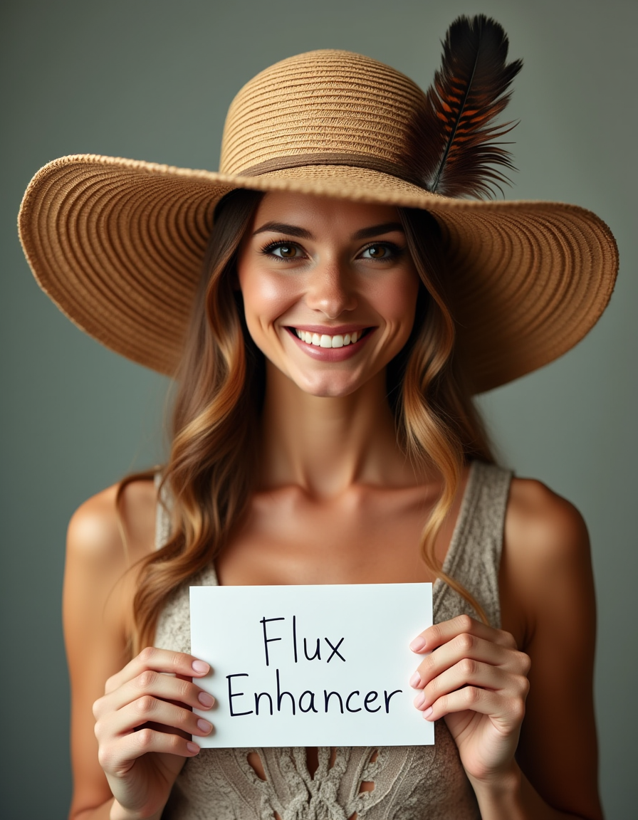 a smirking beautiful fashion model wearing a large straw hat with a hawk feather is holding a sign with the words "Flux Enhancer"
<lora:Dever_Flux_Enhancer:0.5>