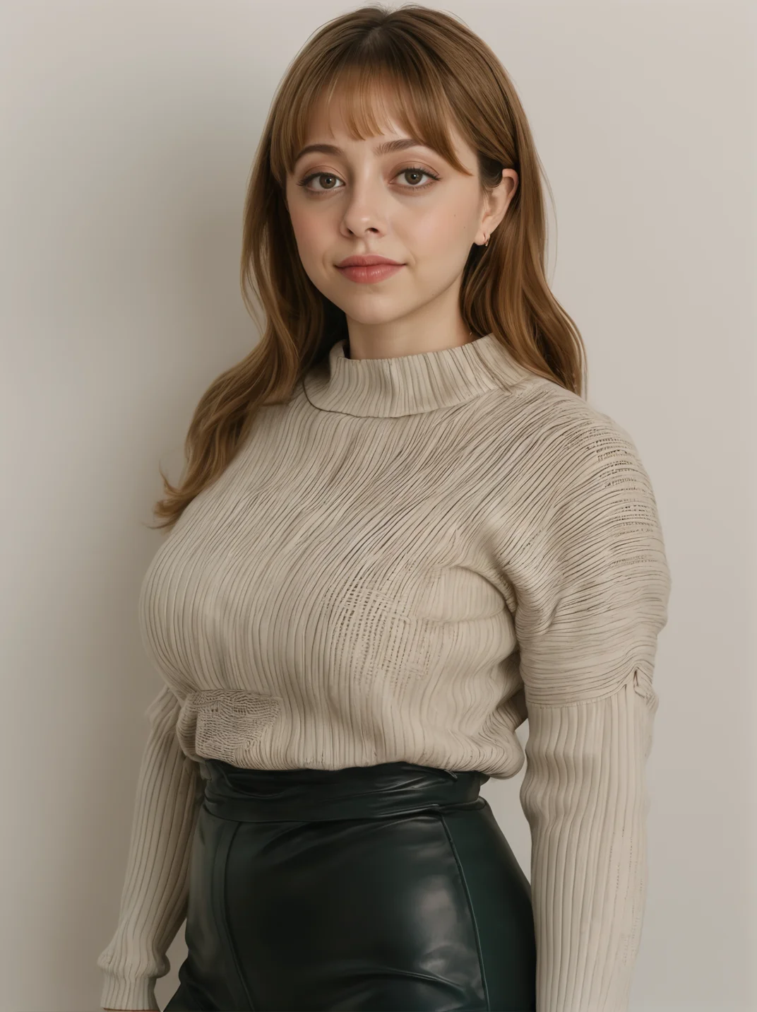 30yo felicitysynthxl, upper body, standing, neutral background, sultry, large breasts, modest,
wearing a tight knit sweater