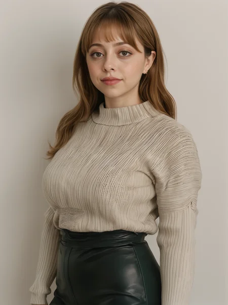 30yo felicitysynthxl, upper body, standing, neutral background, sultry, large breasts, modest,
wearing a tight knit sweater