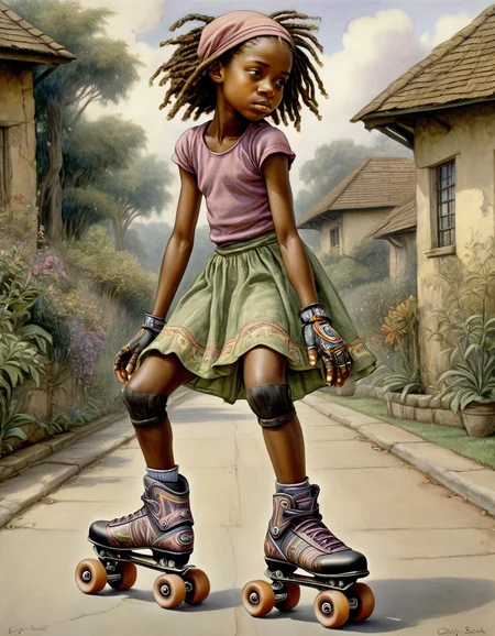 art by Cicely Mary Barker, majestic, Preposterous Cameroonian Rollerblades, equirectangular 360, Shameful, natural lighting, Muted Colors, intricate details