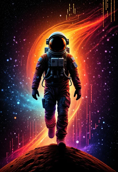(vibrant canvas illuminated by a cascade of colorful binary code) forming the (silhouette) of a astronaut on planet mars, intricate details, masterpiece, best quality, very aesthetic