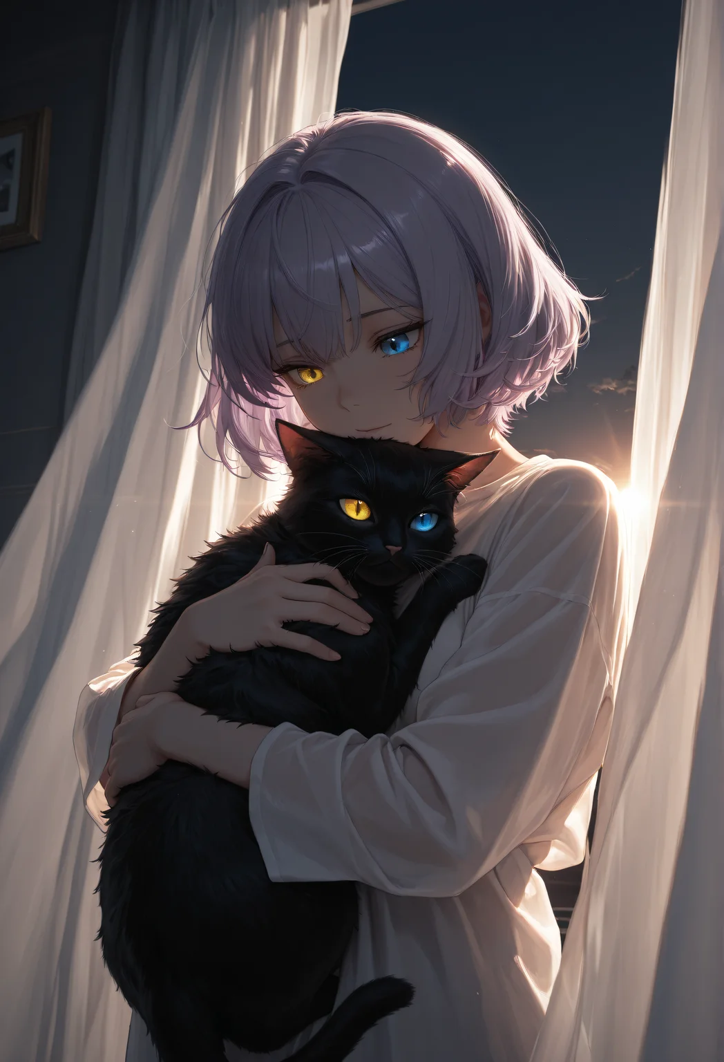 dark, dark theme, white curtain, sunlight, backlight, sky, light purple hair, short hair, heterochromia, yellow eye, blue eye, cat, hug, masterpiece, absurdres