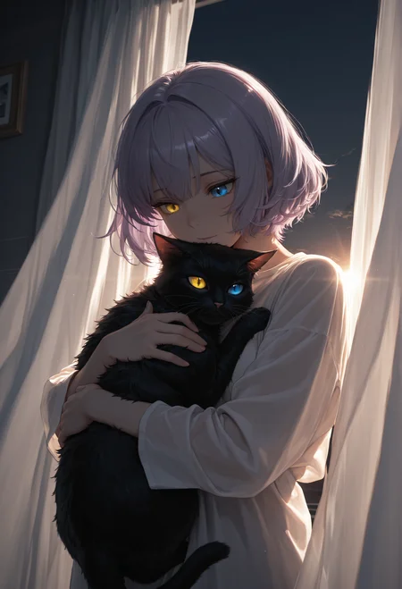 dark, dark theme, white curtain, sunlight, backlight, sky, light purple hair, short hair, heterochromia, yellow eye, blue eye, cat, hug, masterpiece, absurdres