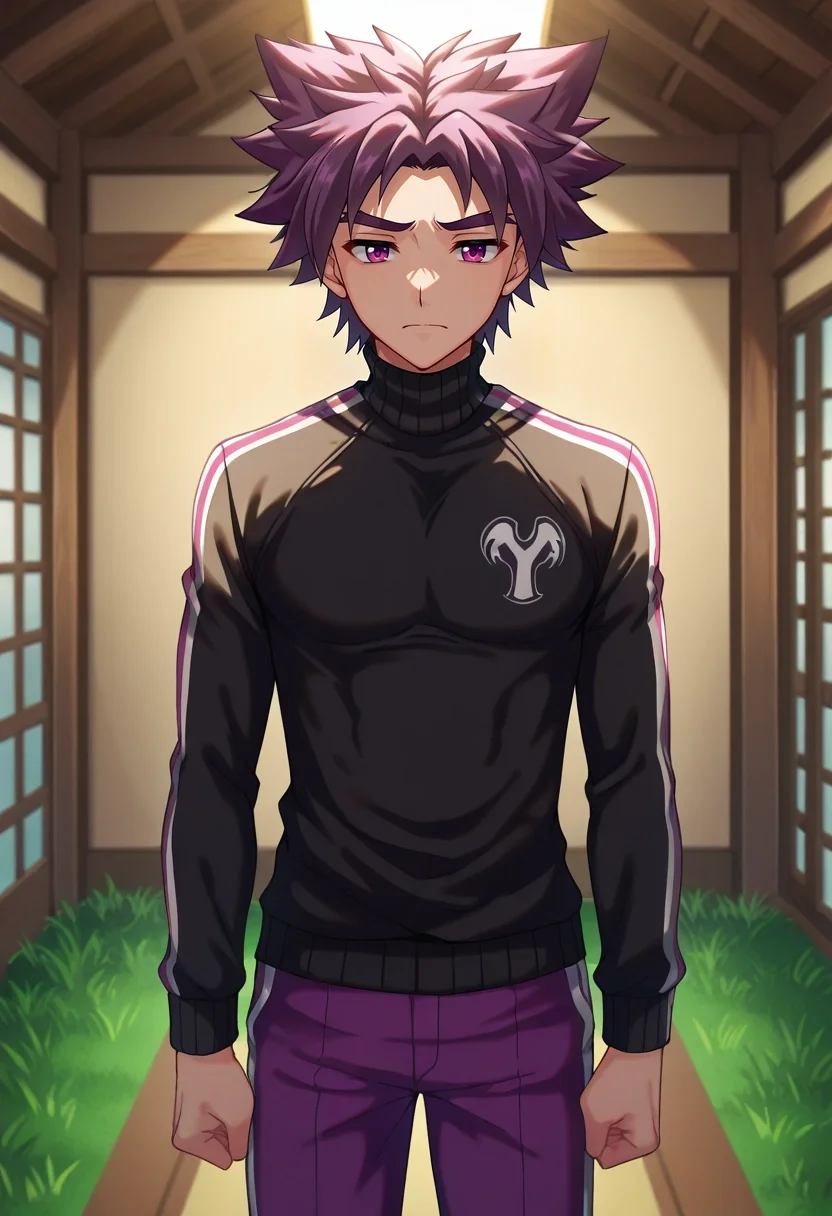 masterpiece, best quality, intricate details, anime screencap, , , , depth of field, 1boy, solo, male focus, <lora:yoichi_yukimura_ilxl:1>, yoichi_yukimura, purple hair, purple eyes, short hair, spiked hair, , straight-on, grass, indoors, light, villain pose, sad, HotPink Aztec Moire Track pants with side stripes, Turtleneck sweater, , Cowboy hat,