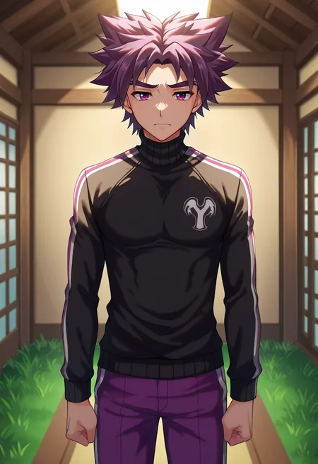 masterpiece, best quality, intricate details, anime screencap, , , , depth of field, 1boy, solo, male focus, <lora:yoichi_yukimura_ilxl:1>, yoichi_yukimura, purple hair, purple eyes, short hair, spiked hair, , straight-on, grass, indoors, light, villain pose, sad, HotPink Aztec Moire Track pants with side stripes, Turtleneck sweater, , Cowboy hat,