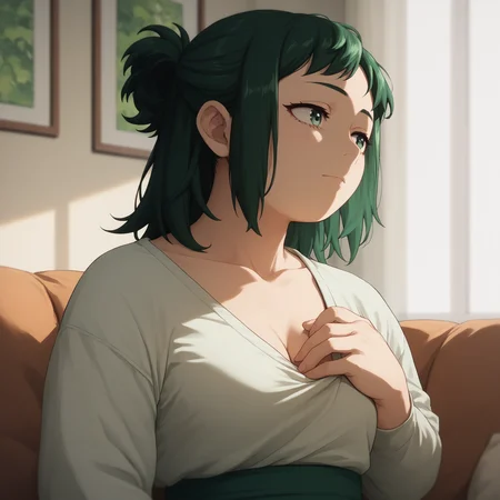 <lora:SlimesInkoMidoriya-000003:1>, score_9, score_8_up, score_7_up, slimes_inkomidoriya, woman, solo, green hair, facing viewer, waist up, touching chest, living room background