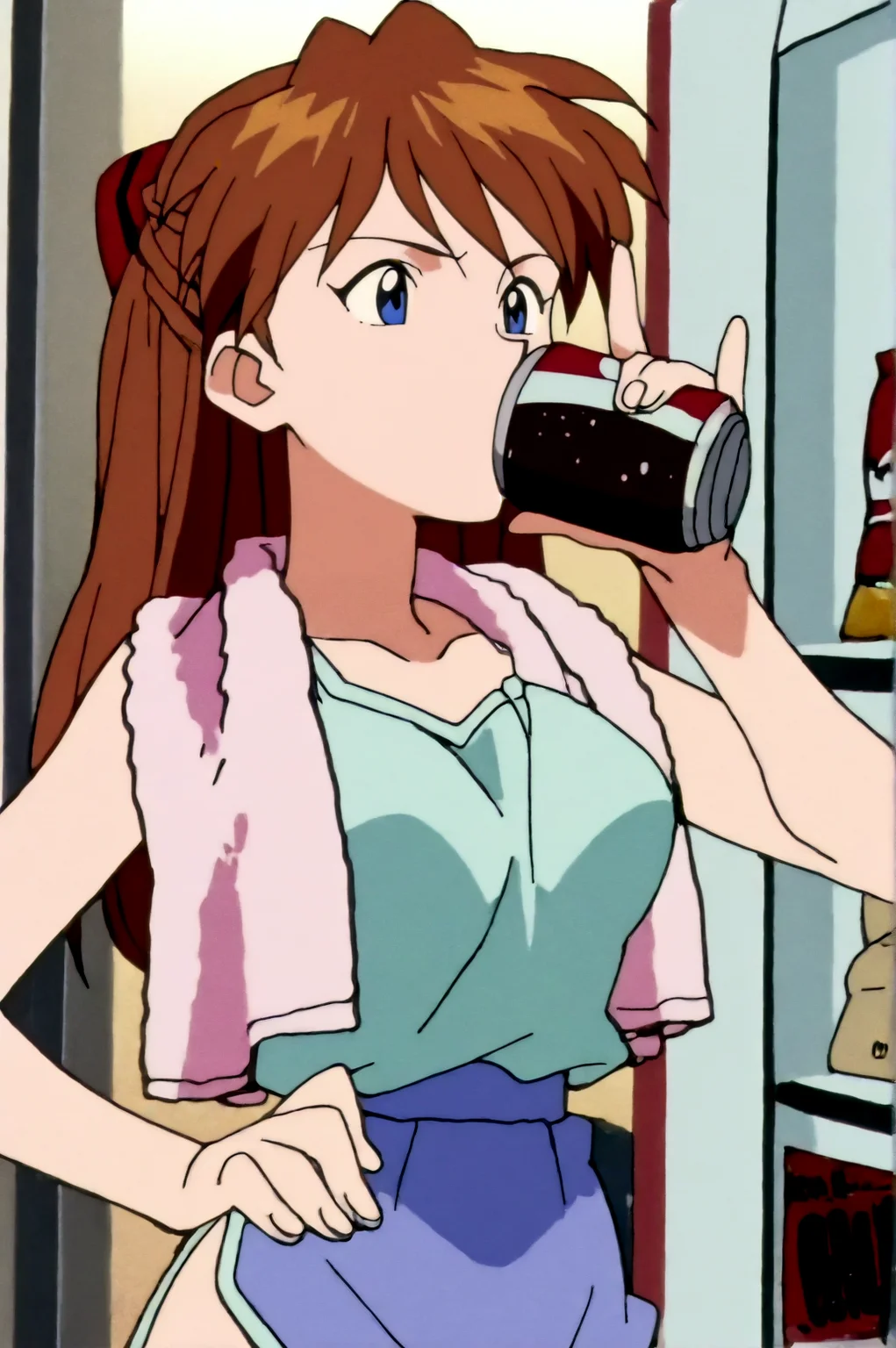 masterpiece, best quality, anime screencap, Asuka Soryu Langley, Home Outfit, can, drink, drink can, drinking, hand on own hip, pinky out, refrigerator, soda can, solo, towel, towel around neck, vending machine <lora:JN_Asuka_Soryu_Langley_Illus:0.8>