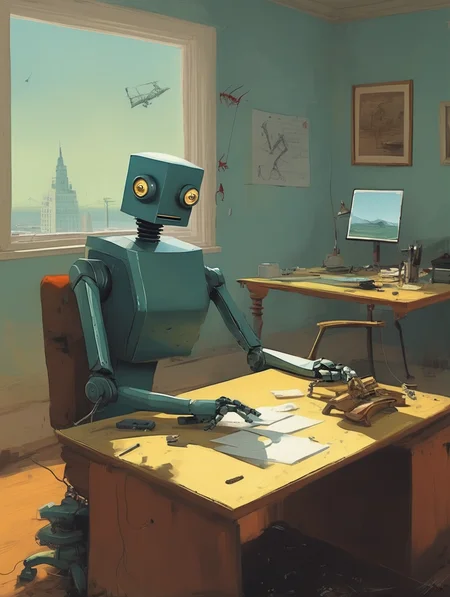 <lora:Alex Andreev style:1>Alex Andreev style - office robots, by Simon Stalenhag and Salvador Dali