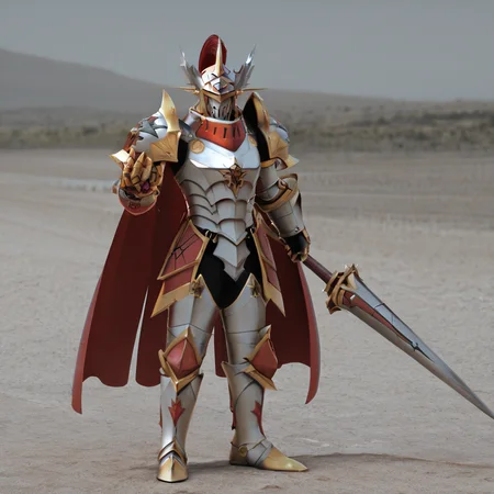 sfw, masterpiece, best quality,absurderes,photo,realistic,cinematic,source_photo,DLSR,full body,1boy,dukemon,holding lance,standing,outdoors, <lora:Reallustrious_Beta:1>