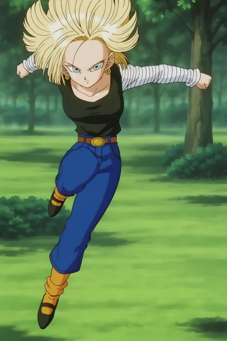 source_anime, score_9, score_8_up, score_7_up, anime screencap,
detailed face, android 18, buu saga, , 1girl, solo, looking at viewer, short hair, blue eyes, blonde hair, collarbone, field, trees, forest, full body, hovering, midair, black shirt, long sleeves, striped sleeves, hoop earrings, shoes, orange socks, belt, high waist pants, jumping, floating, floating hair, 
<lora:c18_pony_v1:0.8>
