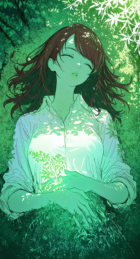 masterpiece, best quality, good quality, very awa, newest, highres, absurdres, 1girl, solo, long hair, shirt, brown hair, white shirt, upper body, closed eyes, outdoors, parted lips, lying, collared shirt, day, on back, lips, swept bangs, leaf, sunlight, grass, sleeping, plant, nature, light particles, sleeves rolled up, branch, on ground, dappled sunlight, green theme, hand on own stomach, on grass, limited palette, sketch, glowing, psychedelic, <lora:illustriousXL_stabilizer_v1.23:0.3> <lora:NOOB_vp1_detailer_by_volnovik_v1:0.3> <lora:ponyv6_noobE11_2_adamW-000017:0.3> <lora:114558v4df2fsdf5:0.7> <lora:XXX667:0.5> <lora:mon_monmon2133:0.6>