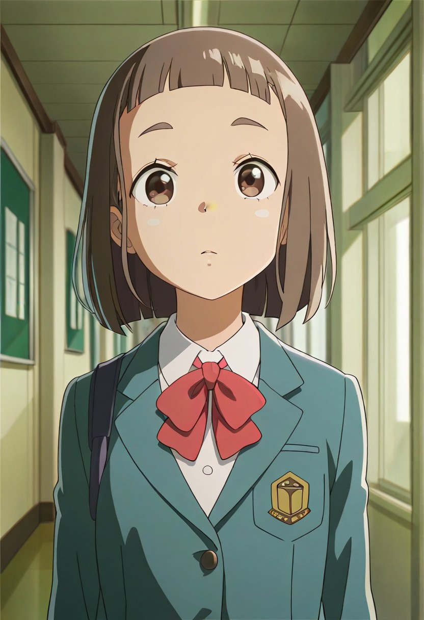 masterpiece,best quality,amazing quality, tamaki mari, short hair, brown hair, brown eyes, 1girl, solo, school uniform, bow, jacket, indoors, red bow, anime coloring, shirt, white shirt, upper body, blazer, hallway, looking at viewer