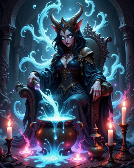 The image is a mystical illustration in the GhostlyStyle of 3DGame art, depicting the Witch Queen sitting upon her throne as she pours a cauldron of ghostly acid onto the floor, surrounded by eerie, glowing candles and mysterious artifacts. Her dark magic swirls around her, imbuing the scene with an air of CreepyCuteMagic.