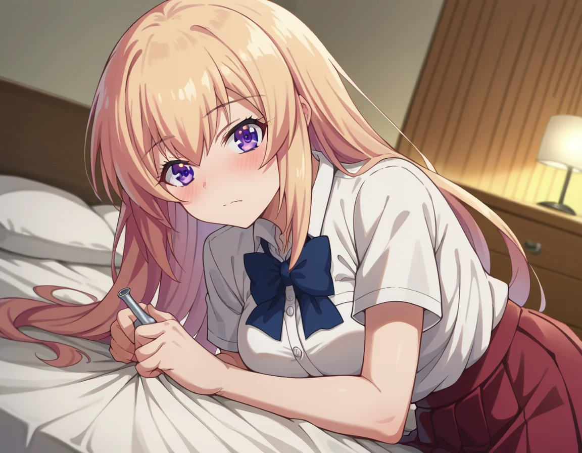 score_9, score_8_up, score_7_up, source_anime,
honamiichinose, <lora:honami-ichinose-s2-ponyxl-lora-nochekaiser:1>
honami ichinose, long hair, blonde hair, purple eyes, hair between eyes,
skirt, bow, school uniform, pleated skirt, bowtie, blue bow, red skirt, collared shirt, white shirt, short sleeves,
indoors, bed, bed room, on side, blush, drunk,
looking at viewer, dutch angle, cowboy shot