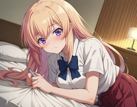 score_9, score_8_up, score_7_up, source_anime,
honamiichinose, <lora:honami-ichinose-s2-ponyxl-lora-nochekaiser:1>
honami ichinose, long hair, blonde hair, purple eyes, hair between eyes,
skirt, bow, school uniform, pleated skirt, bowtie, blue bow, red skirt, collared shirt, white shirt, short sleeves,
indoors, bed, bed room, on side, blush, drunk,
looking at viewer, dutch angle, cowboy shot
