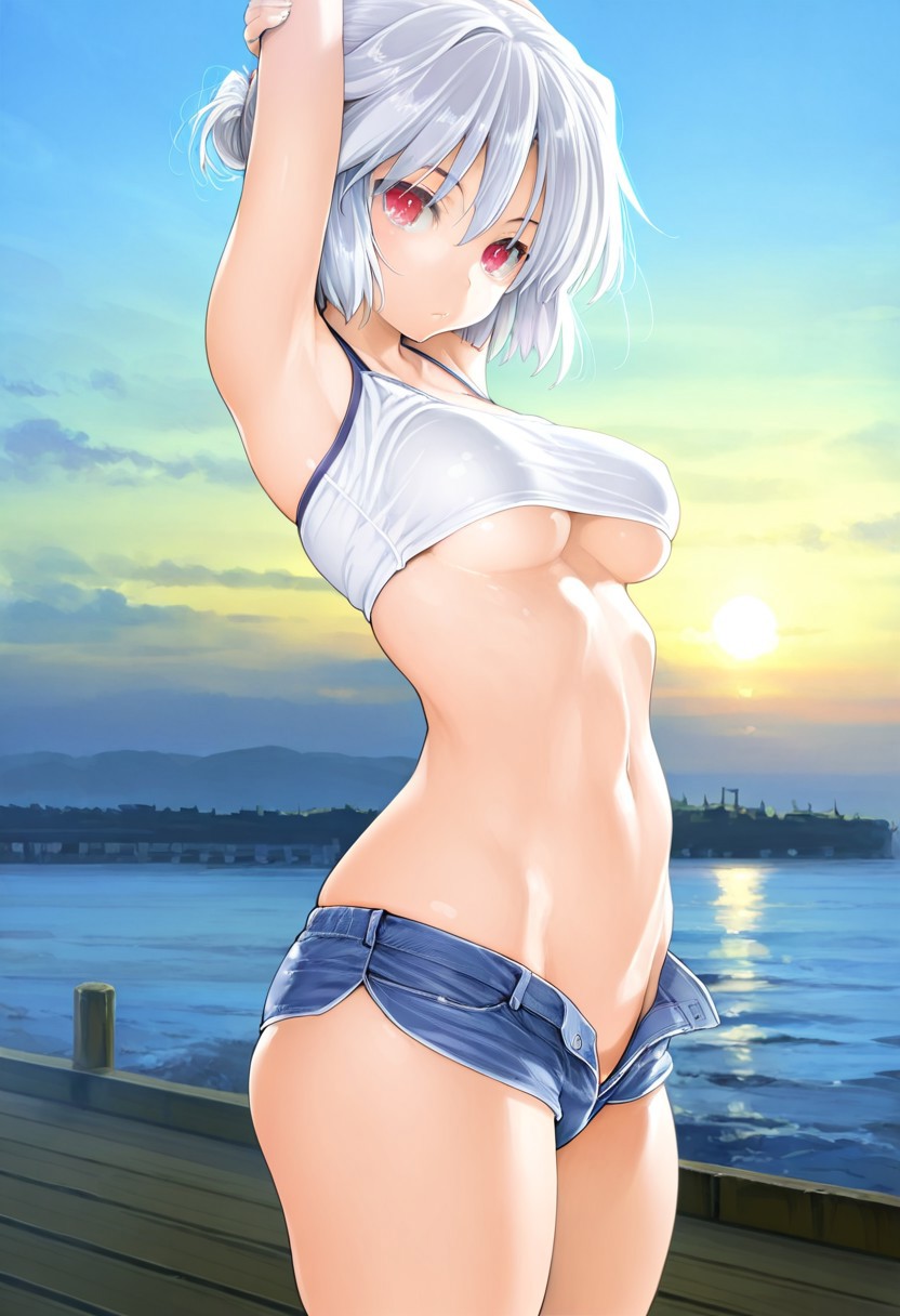 solo, 1girl, medium breasts, white hair, red eyes, slender body, short hair, emotionless, BREAK skindentation, micro shorts, open shorts, blue shorts, groin, crop top, white top, underboob, BREAK posing, arms above head, looking at viewer, pier, ocean, detailed background, BREAK ((ultra-detailed)), ((best quality)), ((beautiful eyes)), ((extremely detailed)), 4K, (8K), best quality, (beautiful), Master piece, highres, best quality, official art, highres, masterpiece, detailed background, high quality background