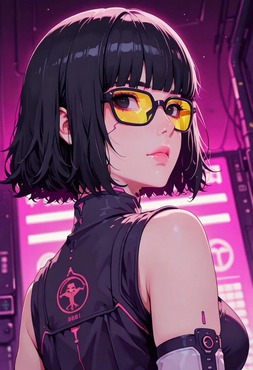 <lora:ck-shadow-circuit-IL:0.78>,
masterpiece, best quality, good quality, very aesthetic, absurdres, newest, 8K, depth of field, focused subject,
close up, stylized, in gold and neon shades, wabi sabi, 1girl, sarada, black eyes, black hair, short hair, glasses, large breasts,
looking at viewer, dynamic angle, from below, from side, relaxing
<lora:MoriiMee_Gothic_Niji_Style_Illustrious_r1:0.45>
<lora:ck-nc-cyberpunk-IL-000011:0.4>
<lora:ck-neon-retrowave-IL:0.8>