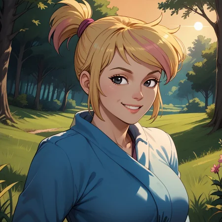 score_9, score_8, BREAK, short blond hair, high ponytail, pink streak in hair, black eyes, adult female, mature female, breasts, sexy pose, self portrait, smile, outdoors, sunlight, shadows, evening lighting, natural lighting, forest, trees, grass, orange sky, sunset