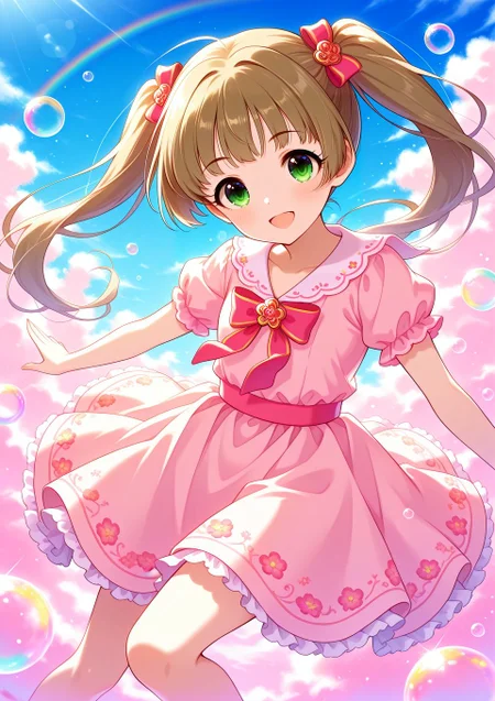 sfw, general,
<lora:Yokoyama_Chika_Cinderella:0.9>, Yokoyama_Chika_Cinderella, long hair, twintails, brown hair, hair ornament, green eyes,
idolmaster, idolmaster cinderella girls, pink dress, floral embroidery dress, pastel colors, colorful, blue sky,
<lora:soap-bubble-fantasy-04:0.7>, soap bubble background fantasy, rainbow bubbles,
<lora:on_cloud_v1_illustrious_d:0.7>, on_cloud, cloud,, BREAK
masterpiece, best quality, amazing quality, very aesthetic, absurdres, newest,
<lora:Eyes_High_Definition:0.6>, eyesHD, high gradient eyes, detailed eyes, high definition eyes,
<lora:LECO_Particles:1>,
BREAK, <lora:brightness_slider:-0.5>,, general, dutch angle, from front,, dynamic pose,