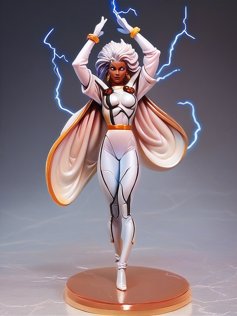 score_9, score_8_up, score_7_up, 1girl, arms up, electricity around, sexy pose, full body, (dynamic pose:1.1), dynamic angle, simple background,
 <lora:Storm80s_Character:1>, StormClassic, makeup, dark skin, white hair, white eyes, bodysuit, cape, earrings, gloves, <lora:Anime_Figure_P1:1> figure