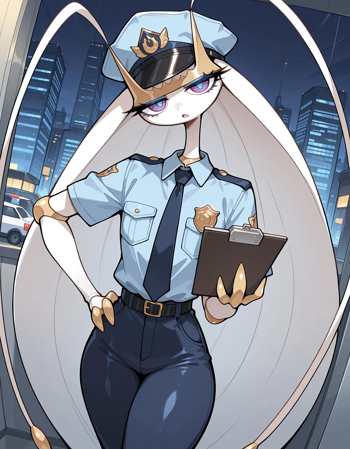 masterpiece, best quality, amazing quality, very detailed, newest, no humans, WnPhrms, pokemon \(creature\), (solo), looking at viewer, insectoid, arthropod, gold tiara, gold claws, gold joints, purple eyes, blue pupils, cinematic lighting, sunny, (solo), looking at viewer ,anthro, city centre, 1boy, (male, male only, male focus), femboy, girly, necktie, shirt, police officer, long pants, light blue shirt, police badge, police car, police cap, serious, holding a notepad, open mouth, talking, pov, irritated, leaning, dynamic pose, dynamic angle, blue eyeshadow, head tilt, hand on hip, <lora:4630d43b-34ad-44b5-a98d-ee1aa835f397:0.9>