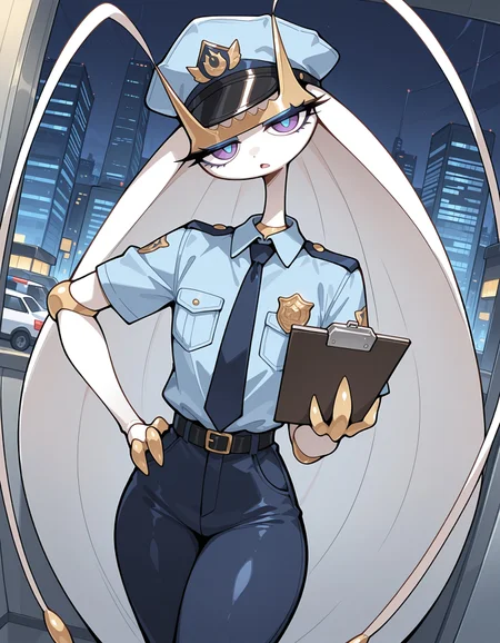 masterpiece, best quality, amazing quality, very detailed, newest, no humans, WnPhrms, pokemon \(creature\), (solo), looking at viewer, insectoid, arthropod, gold tiara, gold claws, gold joints, purple eyes, blue pupils, cinematic lighting, sunny, (solo), looking at viewer ,anthro, city centre, 1boy, (male, male only, male focus), femboy, girly, necktie, shirt, police officer, long pants, light blue shirt, police badge, police car, police cap, serious, holding a notepad, open mouth, talking, pov, irritated, leaning, dynamic pose, dynamic angle, blue eyeshadow, head tilt, hand on hip, <lora:4630d43b-34ad-44b5-a98d-ee1aa835f397:0.9>
