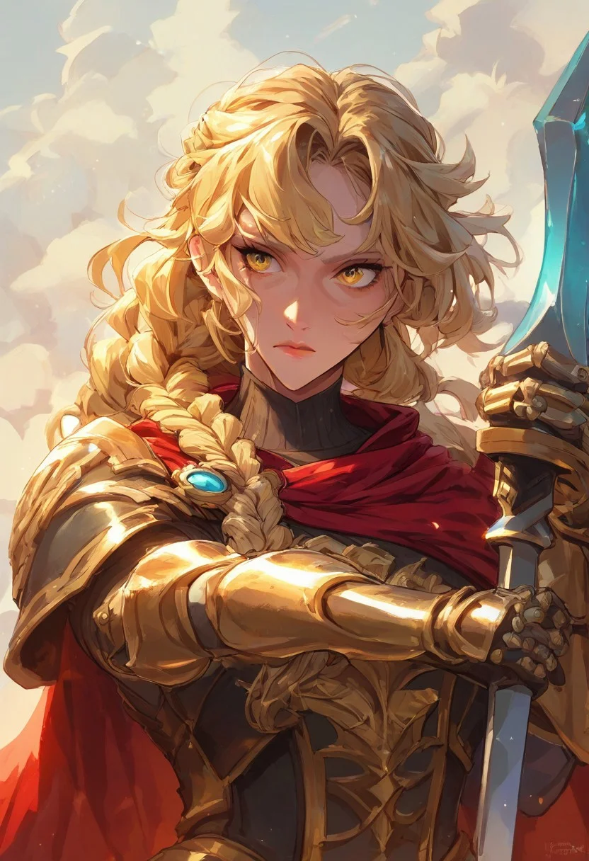score_9, score_8_up, score_7_up, score_6_up, score_5_up, score_4_up,
paladin lady holding glowing sword, blonde hair, braid, ornate golden armor, ornate pauldrons, black corset, glowing yellow eyes, red cape, upper body, face focus