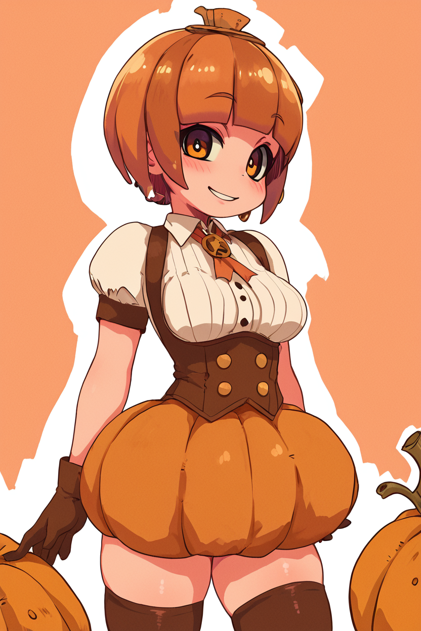 score_9, score_8_up, score_8, medium breasts, (curvy), cute, eyelashes,       BREAK, , ,,, zzPmpknGrl, brown eyes, short hair, brown hair, blunt bangs,  gloves, thighhighs, short sleeves, pumpkin, shirt, standing, white shirt, <lora:PumpkinGirl_Masashi_PDXL:0.8>,   ,,, , BREAK, smile, looking at viewer, cowboy shot, ,,, embedding:zPDXL, Expressiveh, ,,, <lora:Zankuro_Style_PDXL:0.8> <lora:SDXLFaeTastic2400:0.5>, <lora:Expressive_H-000001:0.4>,