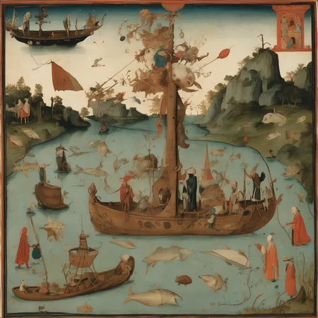 a landscape with a large fish-like creature with a hollowed-out mouth, a figure with a halo holding a staff, a bearded man in robes stands in the water, holding a staff and a child on his back, a whimsical ship with a face sailing on the water, various figures engage in different activities, such as fishing, and there are numerous creatures and objects scattered around, bosch