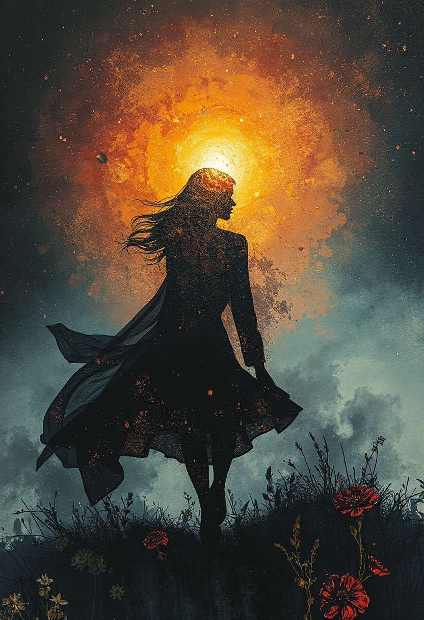 Female silhouette walking in the Dreamscape, Double exposure effect of the silhouette, superimposed against night sky by Conrad Roset, Brandon Kidwell, Andreas Lie, Dan Mountford, Agnes Cecile, Jeremy Mann, ink splatter, oil and ink canvas, fine art, super dramatic light, photoillustration, amazing depth, hyperdetailed, iridescent gold, floral, night vs day.