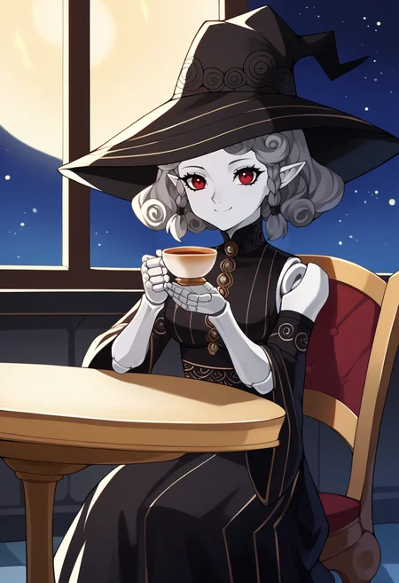 score_9, score_8_up, score_7_up, source_anime BREAK 1girl, solo, <lora:zs_AgratXL:1> agratsmtvv, curly hair, grey hair, twin braids, colored skin, grey skin, red eyes, pointy ears, witch hat, black dress, detached sleeves, black wings, doll joints, gothic castle, dark, night sky, stars, castle courtyard, sitting, chair, table, tea cup <lora:ett-artist-richy-v1_xl:1>, smile, closed mouth