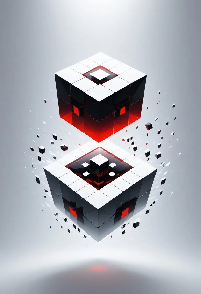 (masterpiece), best quality, Anime, (Floating Cube), White Background, No Humans, Black and Red Theme, (Light Refraction), Symphtia-Style