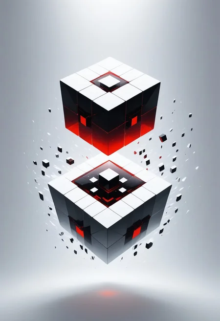 (masterpiece), best quality, Anime, (Floating Cube), White Background, No Humans, Black and Red Theme, (Light Refraction), Symphtia-Style