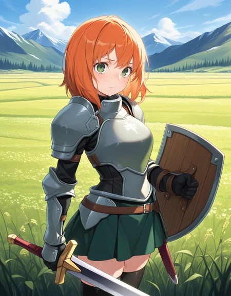 (h1ns4k1), <lora:1_illu_hinsaki_v2_23e:1>, 1girl, armor, sword and shield, skirt, freckles, orange hair, medium hair, green eyes, field, mountains, (masterpiece, best quality, amazing quality),