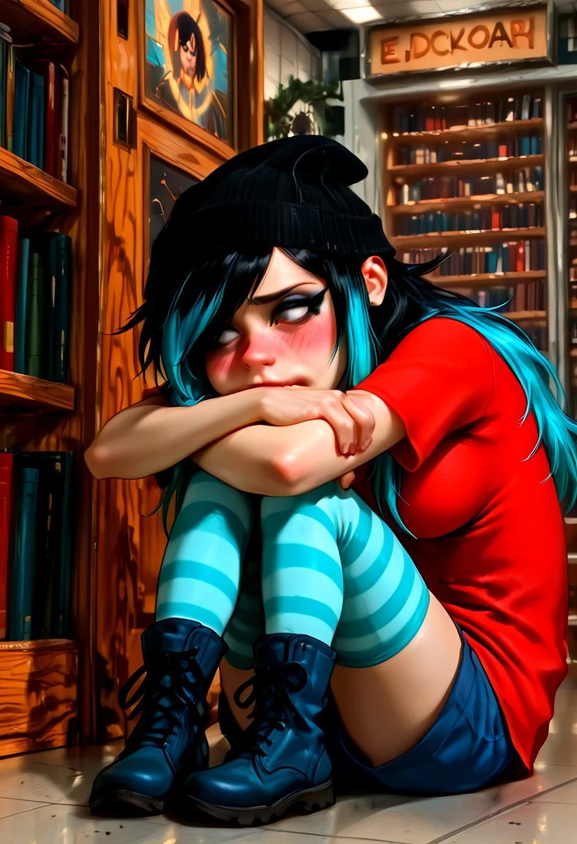 Masterpiece, absurdres, high quality, newest, highly detailed, realistic style, 1girl, solo, medium breasts, eddboi, sockhead, smooth black beanie, red shirt, blue shorts, striped thigh highs, scene girl, detailed eyes, long asymmetrical bangs, sidelocks, long hair, multicolored hair, hugging knees, blushing, eyeliner, scene makeup, hairbow, scene, detailed background, library background
