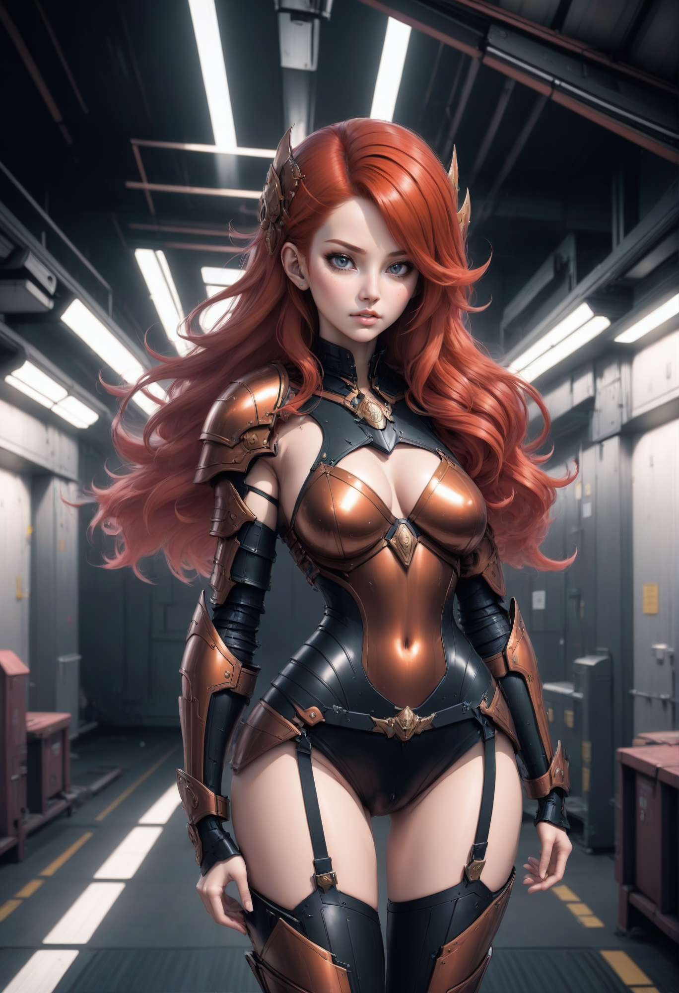 1girl, woman, dragoon, (armor:1.3), bombshell hair, red and copper hair, very long hair, toned hourglass figure, caucasian, in a space cargo dock