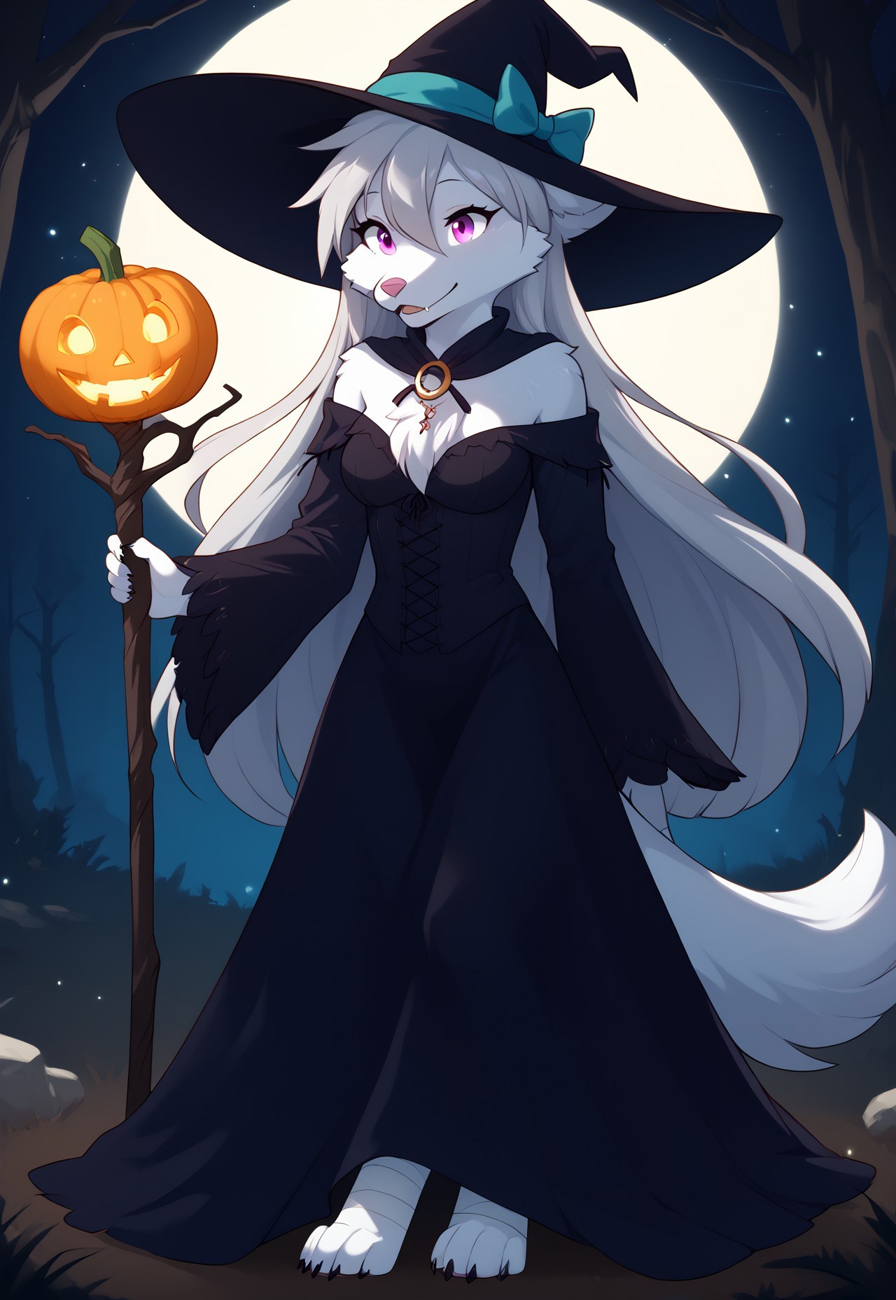 hio, furry, claws, three-tone gray fur, pink eyes, furry female, paws, wolf, long hair, bangs, wolf tail is wearing an elegant, witch-inspired outfit, combining her natural charm with a spooky, mystical look. Her dress is deep purple with black accents, featuring flowing sleeves and a form-fitting bodice decorated with silver crescent moons. She has a wide-brimmed witch hat, slightly tilted, with silver and teal ribbons hanging from it. Her wolf-like tail is wrapped in ethereal, glowing bandages, resembling a ghostly effect. Raine holds a staff with a glowing pumpkin lantern at the top, and her eyes have a slight magical glow. The background is a dark, misty forest illuminated by glowing jack-o'-lanterns, giving the scene a mysterious and eerie atmosphere