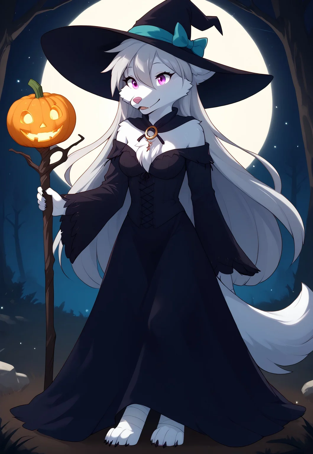 hio, furry, claws, three-tone gray fur, pink eyes, furry female, paws, wolf, long hair, bangs, wolf tail is wearing an elegant, witch-inspired outfit, combining her natural charm with a spooky, mystical look. Her dress is deep purple with black accents, featuring flowing sleeves and a form-fitting bodice decorated with silver crescent moons. She has a wide-brimmed witch hat, slightly tilted, with silver and teal ribbons hanging from it. Her wolf-like tail is wrapped in ethereal, glowing bandages, resembling a ghostly effect. Raine holds a staff with a glowing pumpkin lantern at the top, and her eyes have a slight magical glow. The background is a dark, misty forest illuminated by glowing jack-o'-lanterns, giving the scene a mysterious and eerie atmosphere