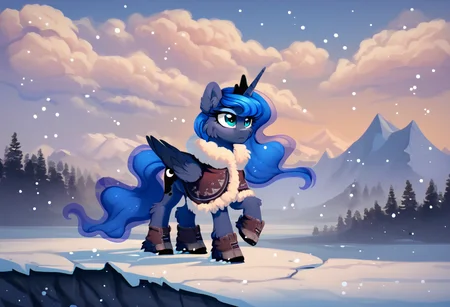 score_9, score_8_up, score_7_up, score_6_up, score_5_up, score_4_up, princess luna, yakutian horse, mare, female, solo, unshorn fetlocks, cheek fluff, boots, clothes, cloud, mountain, raised hoof, shoes, snow, winter, winter storm luna, snowfall, g4, detailed, beautiful, <lora:Snow_Ponies-000008:1>