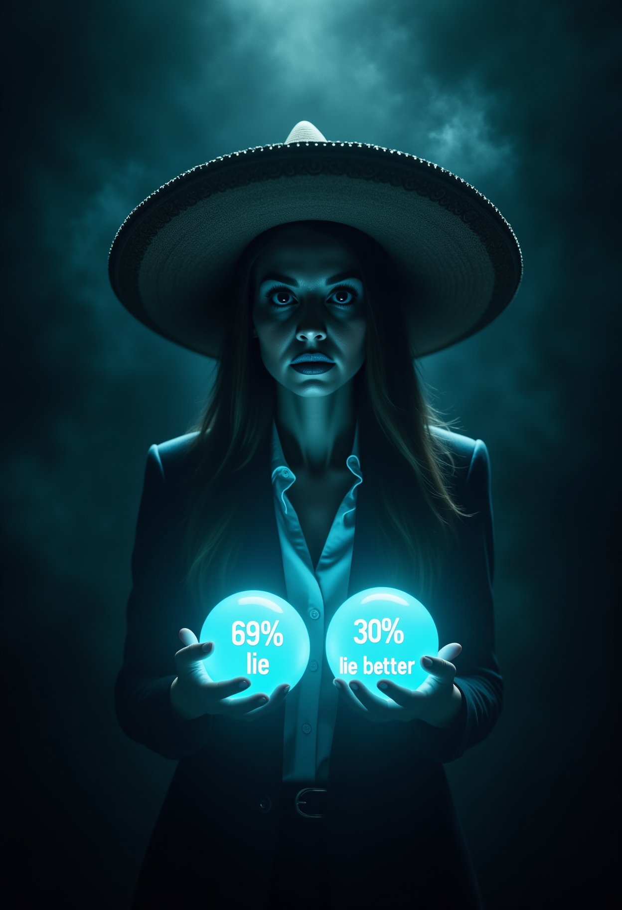 a beautiful business woman wearing a large sombrero partially revealed by a hard spotlight above is coming out of the darkness. he is holding two light blue glowing spheres in her hands. the sphere on the left says "69% lie", the sphere on the right says "30% lie better". ghostly statistics, graphs and charts float in the darkness, faded <lora:Dever_Flux_Enhancer:0.5>