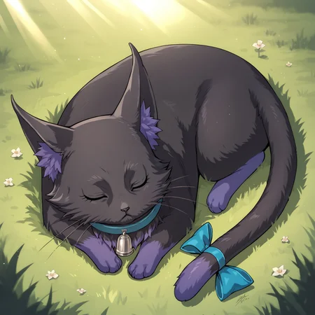 sleeping, grass, light rays, windy, lying, full body,
c3line,cat,feral,black fur,purple fur,chest tuft,inner ear fluff,bell collar,tail, tail bow,whiskers,
score_9,score_8_up,score_7_up,score_6_up,score_5_up <lora:Celine_millstein_v1_ed:1>