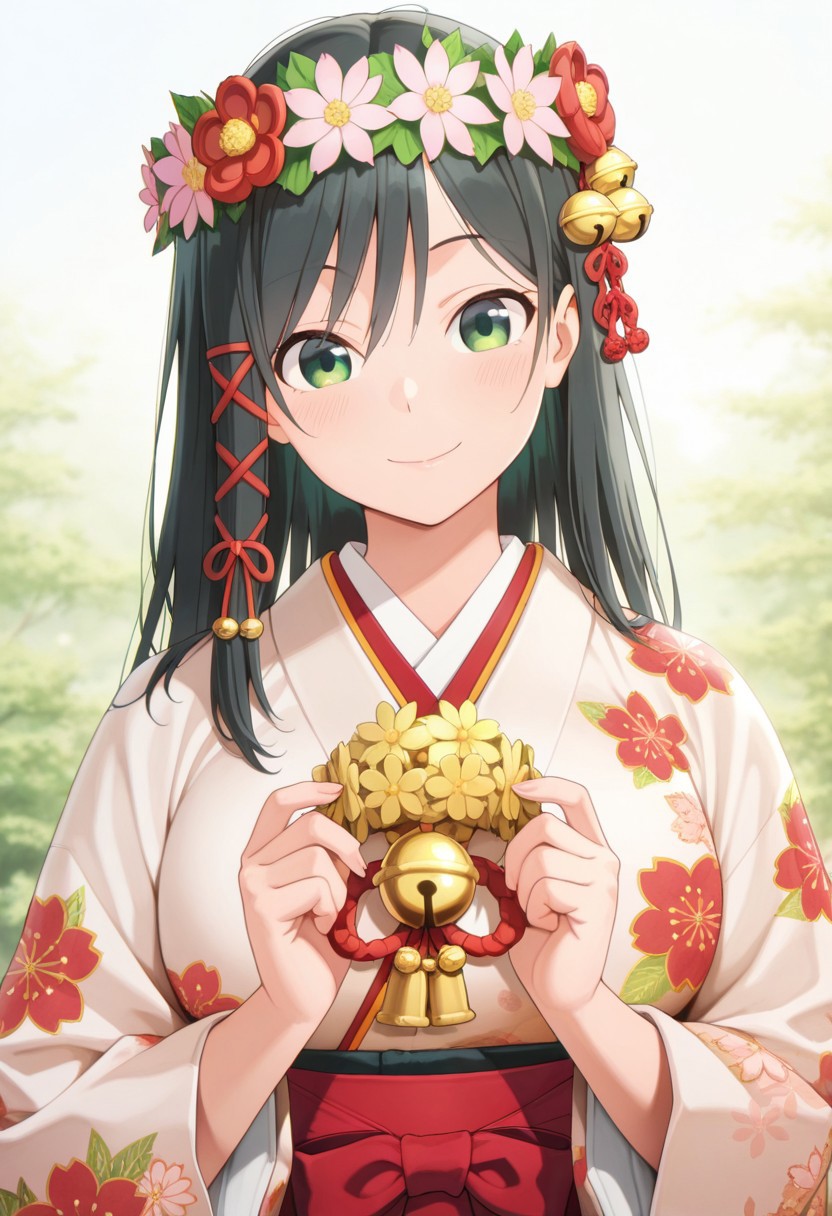 masterpiece,best quality,amazing quality, amagami yae, long hair, black hair, green eyes, 1girl, japanese clothes, solo, bell, kimono, smile, jingle bell, holding, hair ornament, upper body, red ribbon, head wreath, flower, wide sleeves