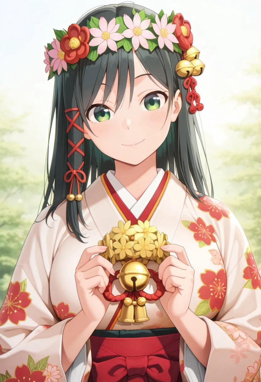 masterpiece,best quality,amazing quality, amagami yae, long hair, black hair, green eyes, 1girl, japanese clothes, solo, bell, kimono, smile, jingle bell, holding, hair ornament, upper body, red ribbon, head wreath, flower, wide sleeves