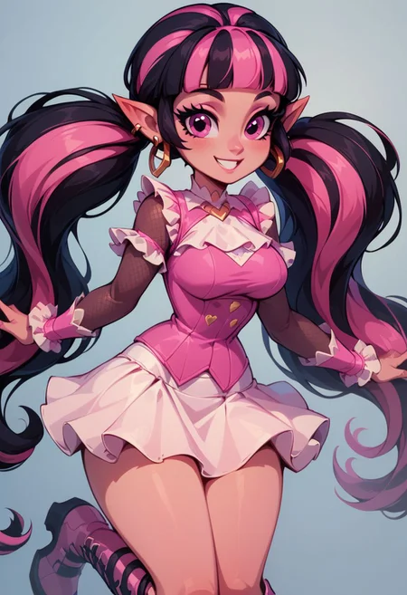 score_9, score_8_up, score_8, medium breasts, (curvy), cute, eyelashes,
draculaura, solo, twintails, multiclored hair, pink hair, black hair, pink eyes, pointy ears,
earrings, fishnet sleeves, frilled sleeves, long sleeves, blunt bangs, monster high, pink vest, white skirt, pink knee boots, smile,
cowboy shot,