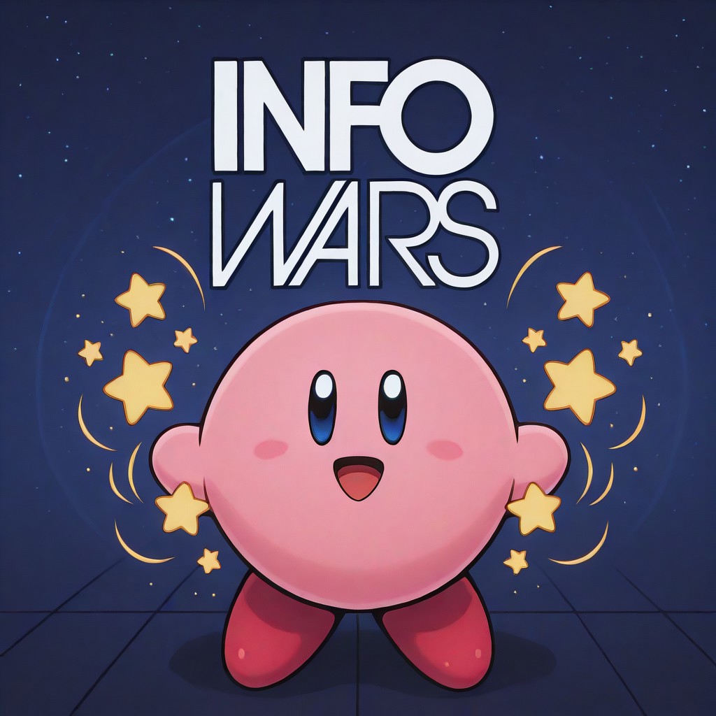 info wars, white logo, blue wall, kirby, round body, pink body, pink skin, :D, extremely happy, hands waves, stars, yellow stars, high quality, masterpiece