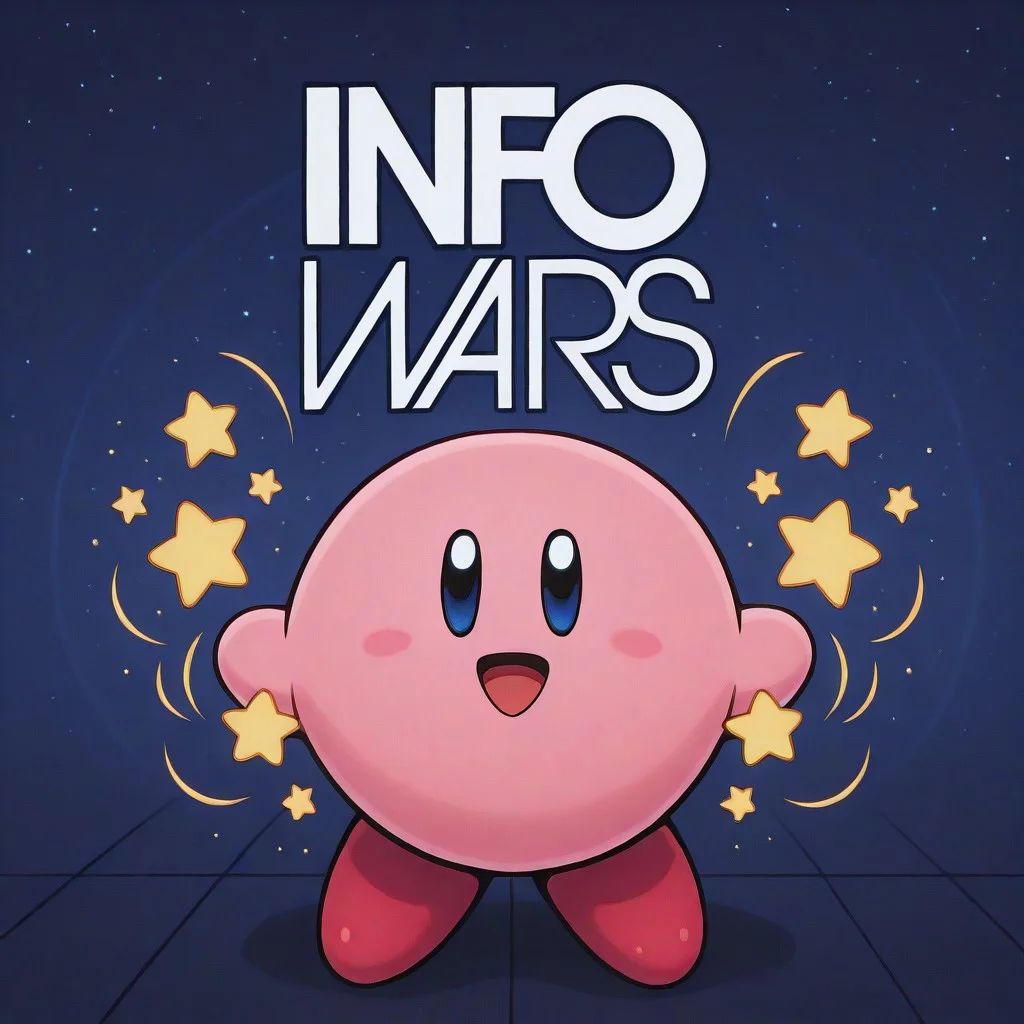 info wars, white logo, blue wall, kirby, round body, pink body, pink skin, :D, extremely happy, hands waves, stars, yellow stars, high quality, masterpiece