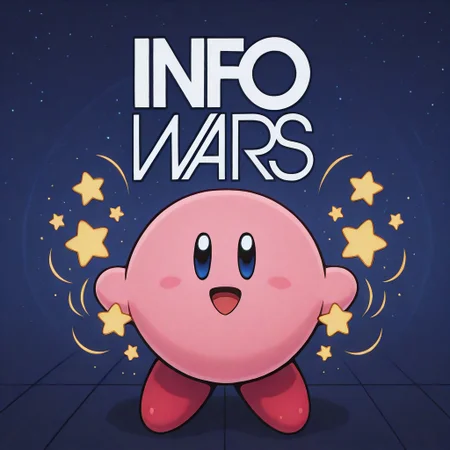 info wars, white logo, blue wall, kirby, round body, pink body, pink skin, :D, extremely happy, hands waves, stars, yellow stars, high quality, masterpiece