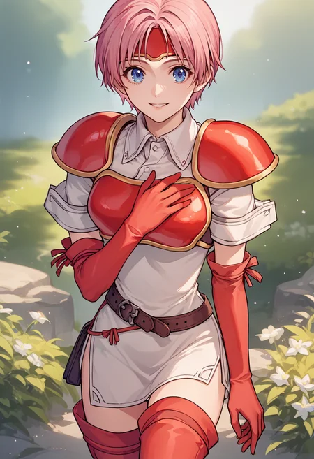 score_9, score_8_up, score_7_up, source_anime, BREAK 1girl, cowboy shot, looking at you, smile, hand on own chest, <lora:MarciaFE-pdxl:1> defMarcia, short hair, white tunic, collared shirt, short sleeves, red armor, breastplate, headband, shoulder armor, red elbow gloves, thigh boots, belt, outdoors
